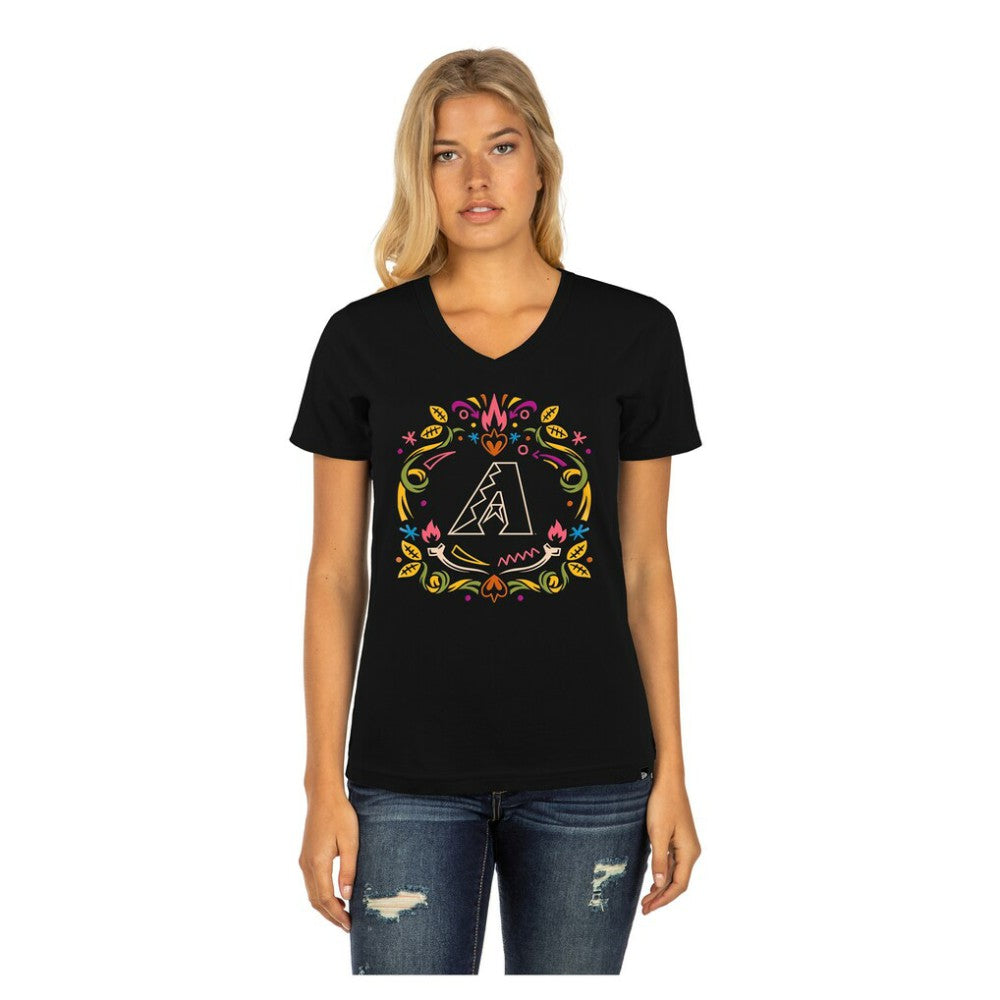 Arizona Diamondbacks New Era Women's Día de los Muertos V-Neck T-Shirt - Black T-shirts