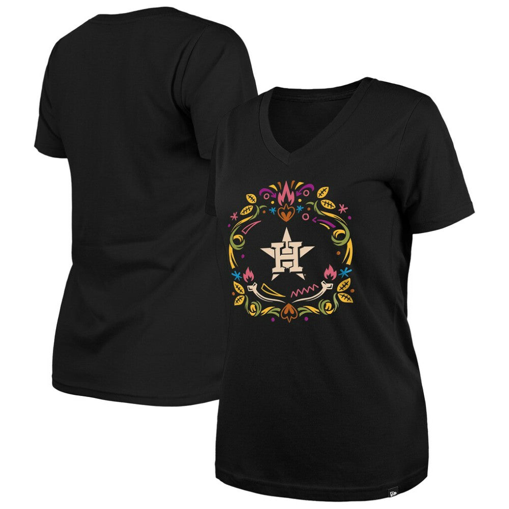 Houston Astros New Era Women's Día de los Muertos V-Neck T-Shirt - Black T-shirts