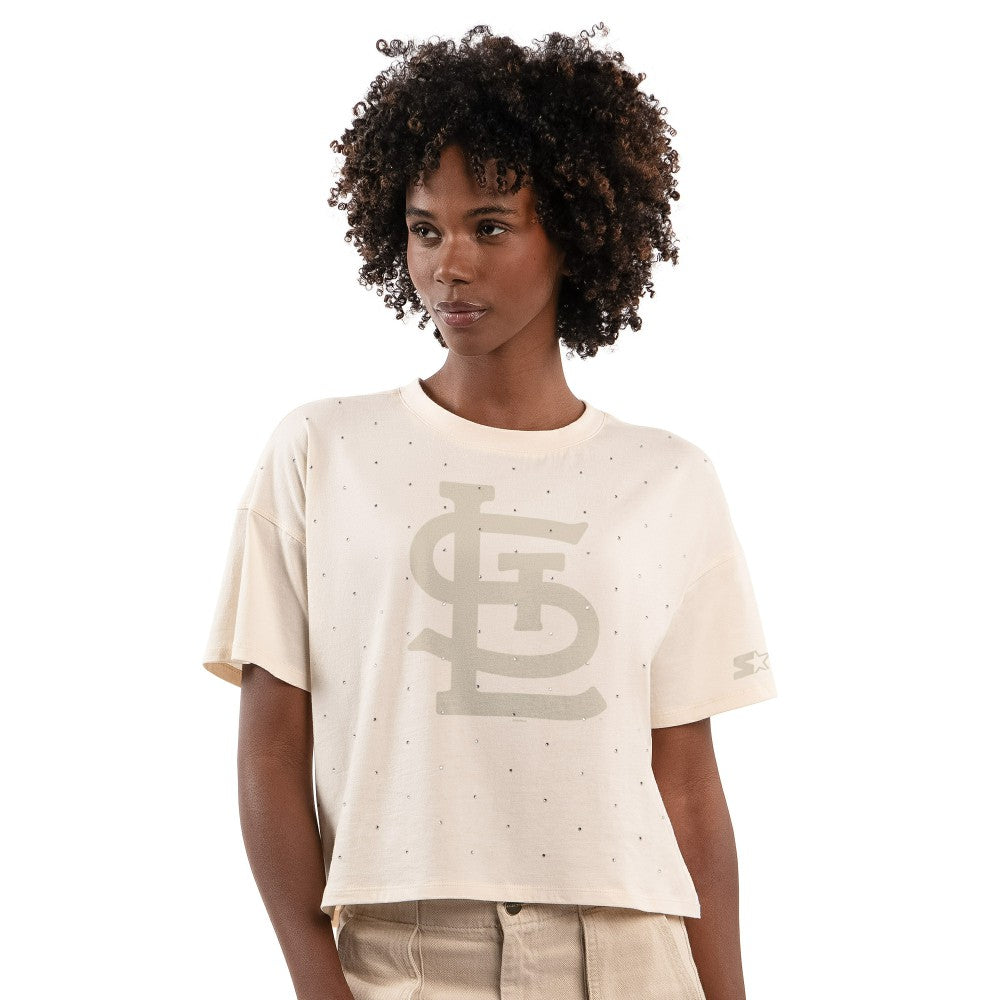 St. Louis Cardinals Starter Women's Rhinestone Sprinkle Boxy Cropped T-Shirt - Cream T-shirts