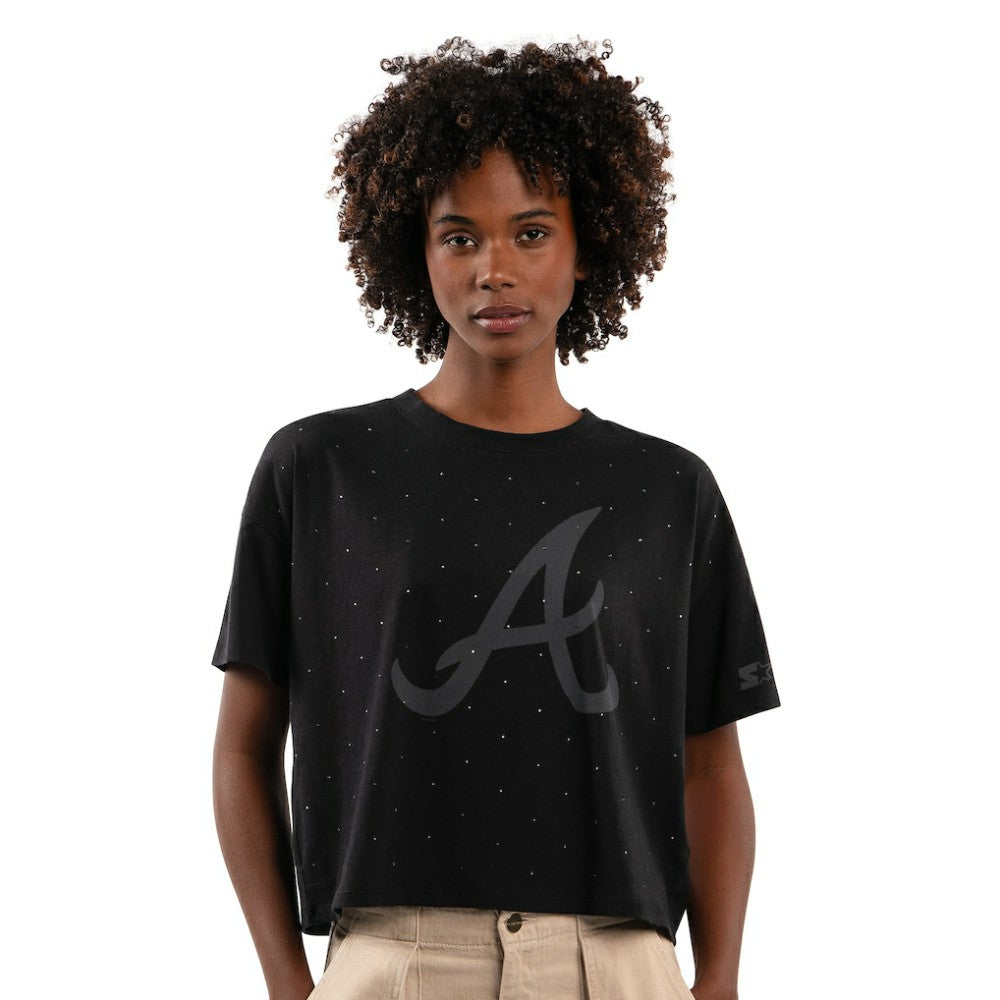 Atlanta Braves Starter Women's Rhinestone Sprinkle Boxy Cropped T-Shirt - Black T-shirts