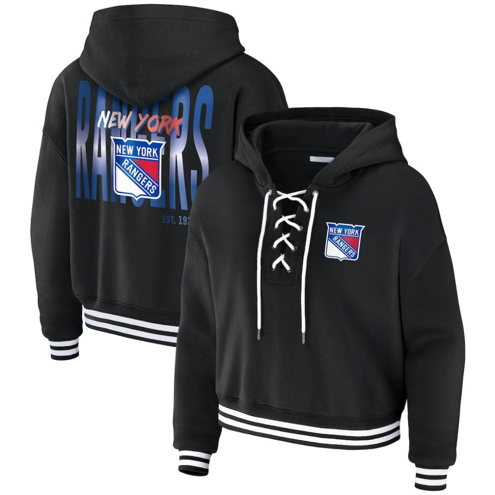 NHL New York Rangers WEAR by Erin Andrews Women's Cropped Lace-Up Hoodie - Black