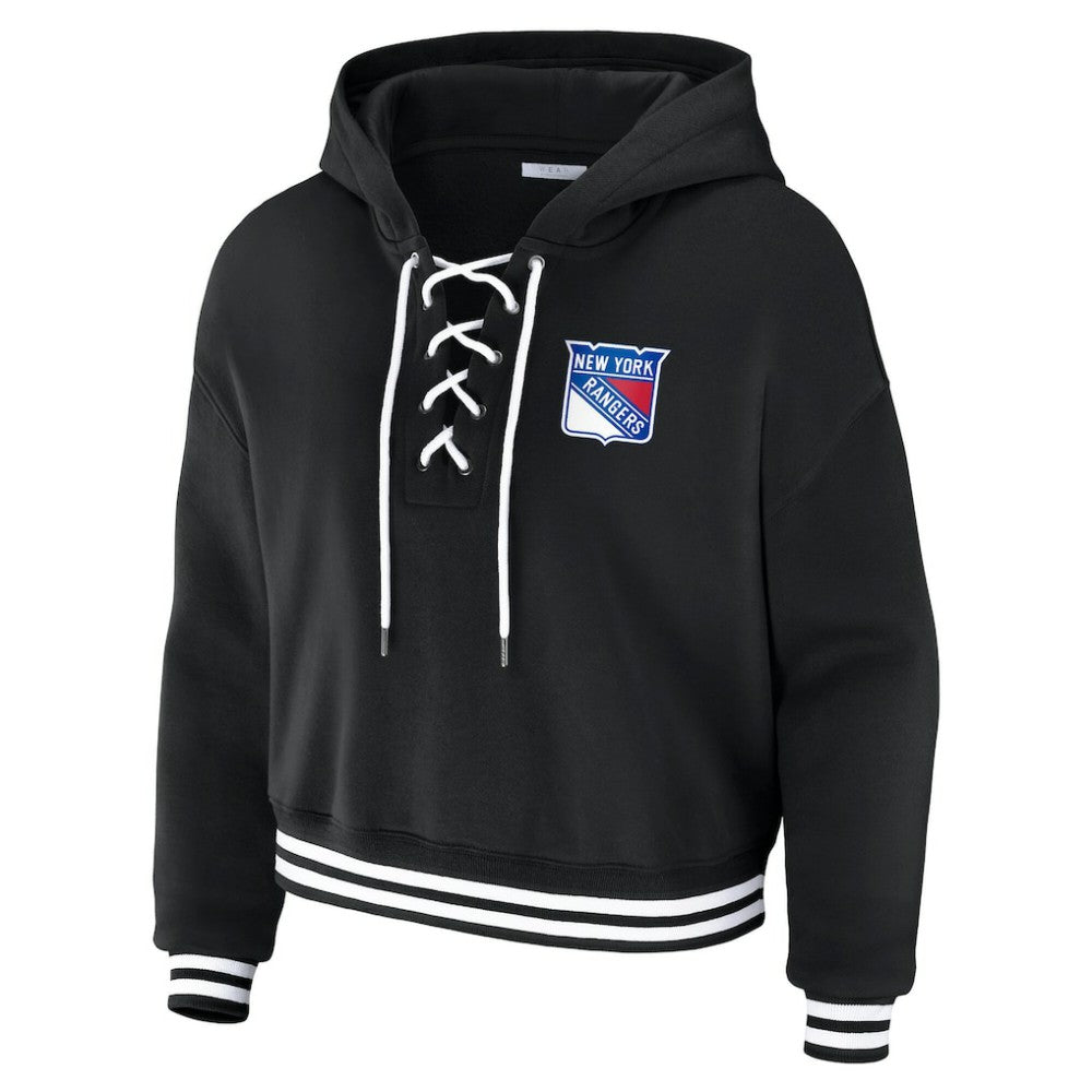 NHL New York Rangers WEAR by Erin Andrews Women's Cropped Lace-Up Hoodie - Black