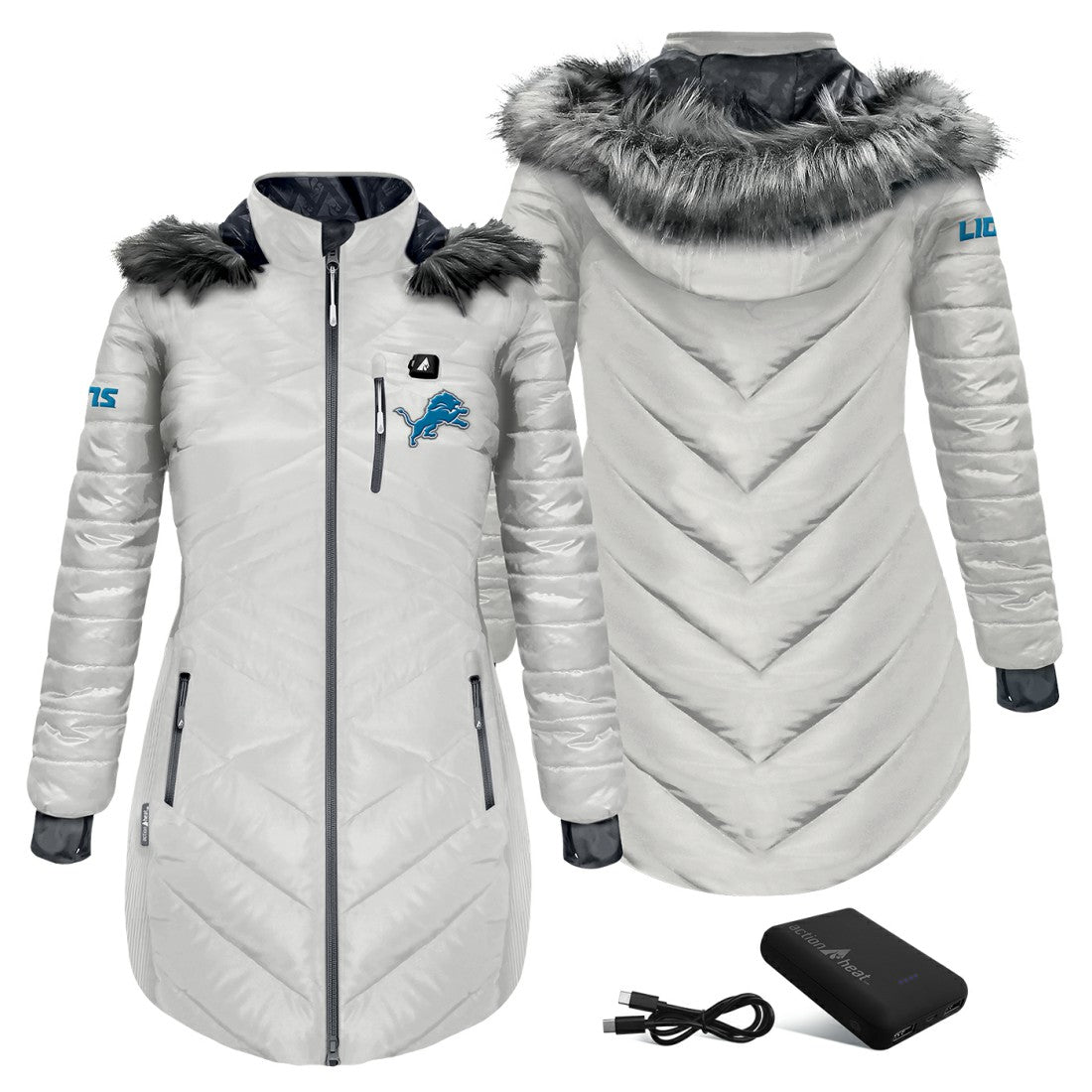 Detroit Lions ActionHeat Women's 5V Battery Heated Long Puffer Full-Zip Hoodie Jacket White
