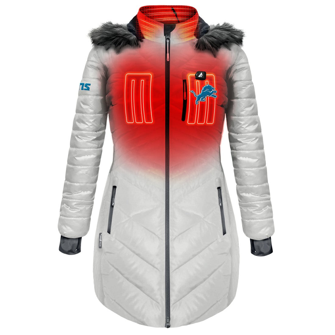 Detroit Lions ActionHeat Women's 5V Battery Heated Long Puffer Full-Zip Hoodie Jacket White
