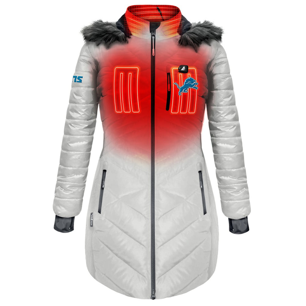 Detroit Lions ActionHeat Women's 5V Battery Heated Long Puffer Full-Zip Hoodie Jacket White