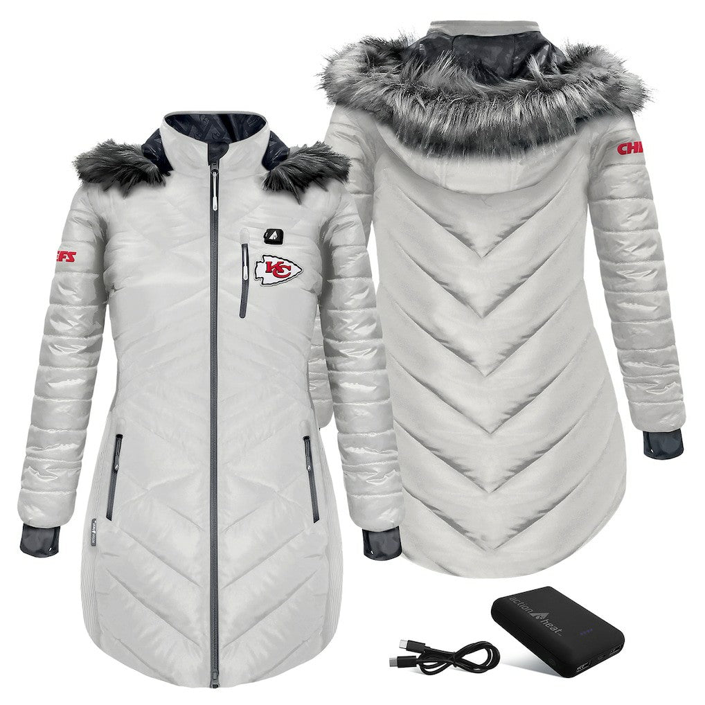 Kansas City Chiefs ActionHeat Women's 5V Battery Heated Long Puffer Full-Zip Hoodie Jacket White
