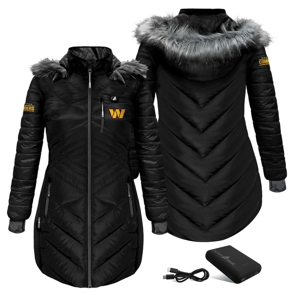 Washington Commanders ActionHeat Women's 5V Battery Heated Long Puffer Full-Zip Hoodie Jacket Black