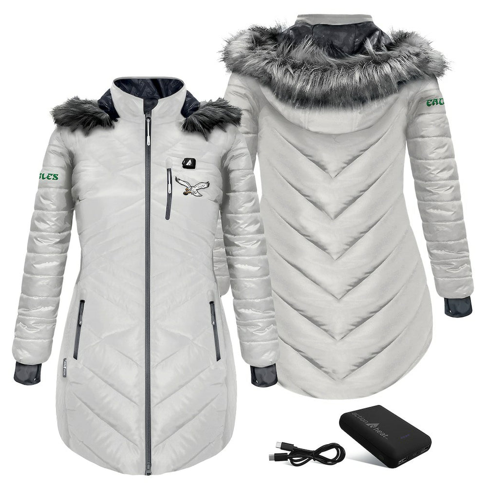 Philadelphia Eagles ActionHeat Women's 5V Battery Heated Long Puffer Full-Zip Hoodie Jacket White