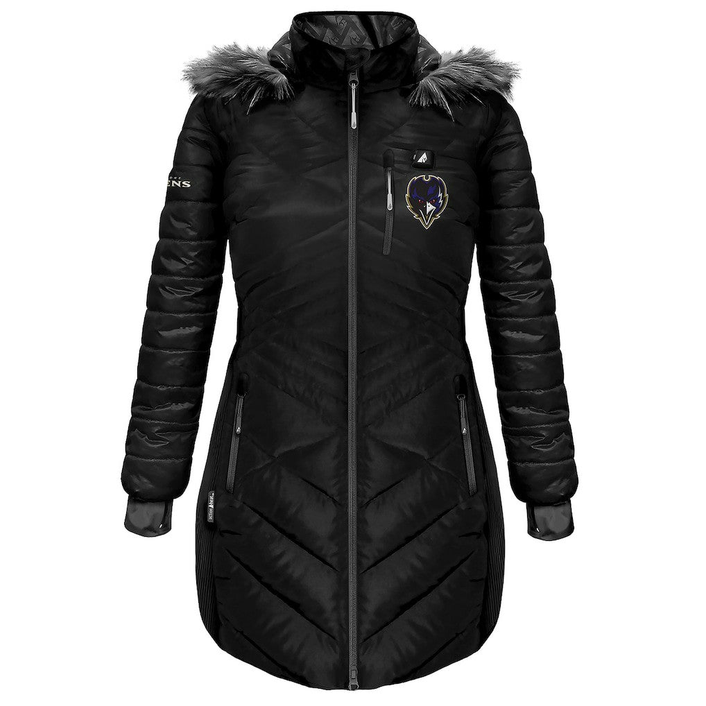 Baltimore Ravens ActionHeat Women's 5V Battery Heated Long Puffer Full-Zip Hoodie Jacket Black