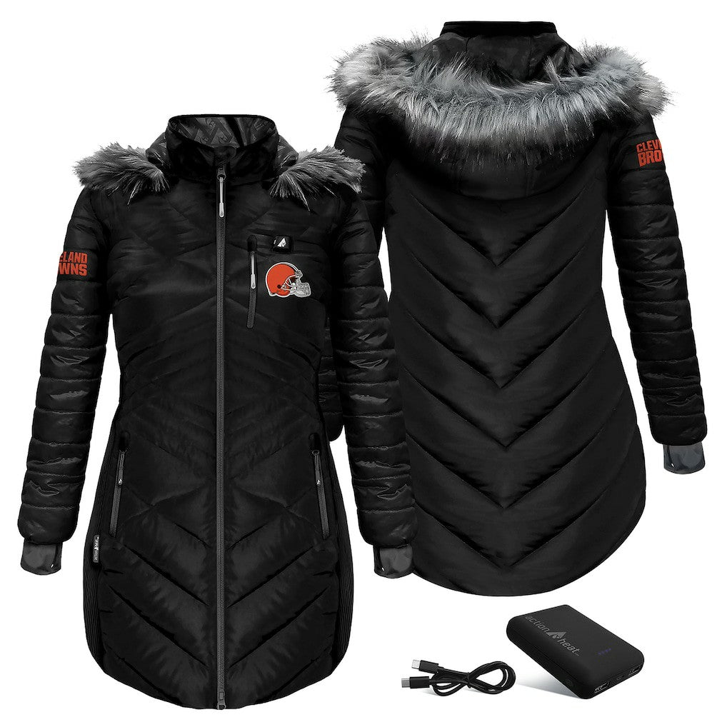 Cleveland Browns ActionHeat Women's 5V Battery Heated Long Puffer Full-Zip Hoodie Jacket Black