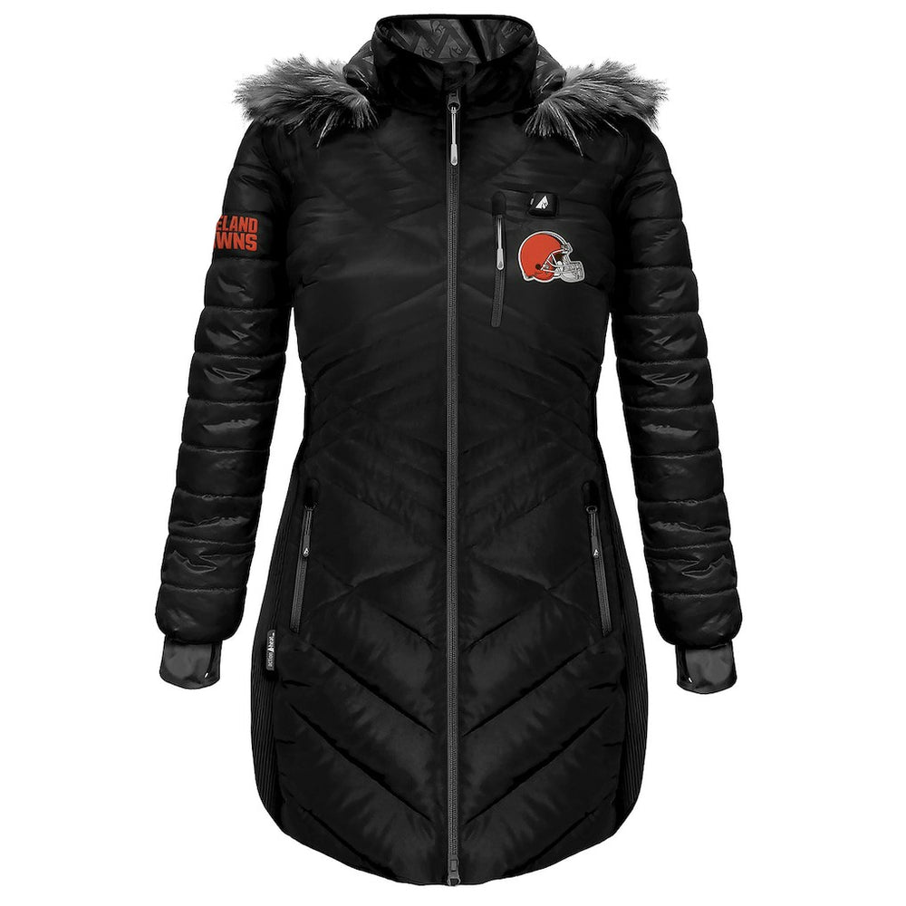 Cleveland Browns ActionHeat Women's 5V Battery Heated Long Puffer Full-Zip Hoodie Jacket Black