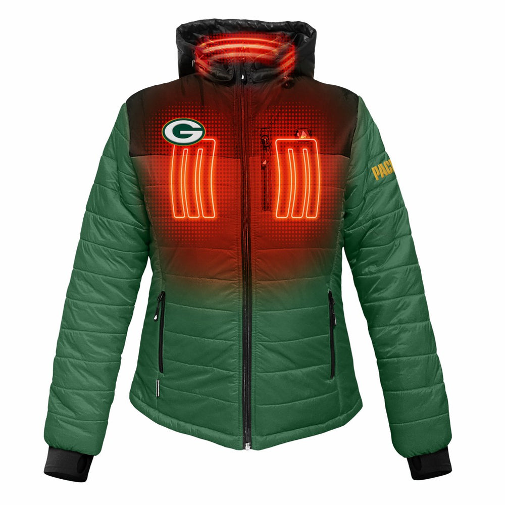 Green Bay Packers ActionHeat Women's 5V Battery Heated Insulated Puffer Full-Zip Jacket Green/Black