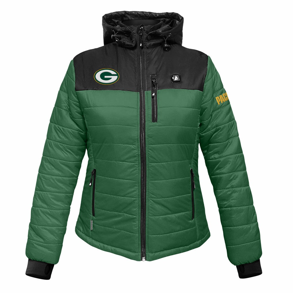 Green Bay Packers ActionHeat Women's 5V Battery Heated Insulated Puffer Full-Zip Jacket Green/Black