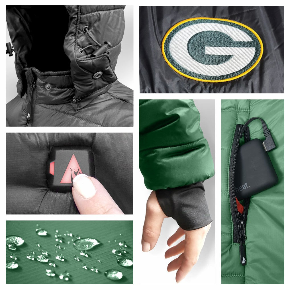 Green Bay Packers ActionHeat Women's 5V Battery Heated Insulated Puffer Full-Zip Jacket Green/Black