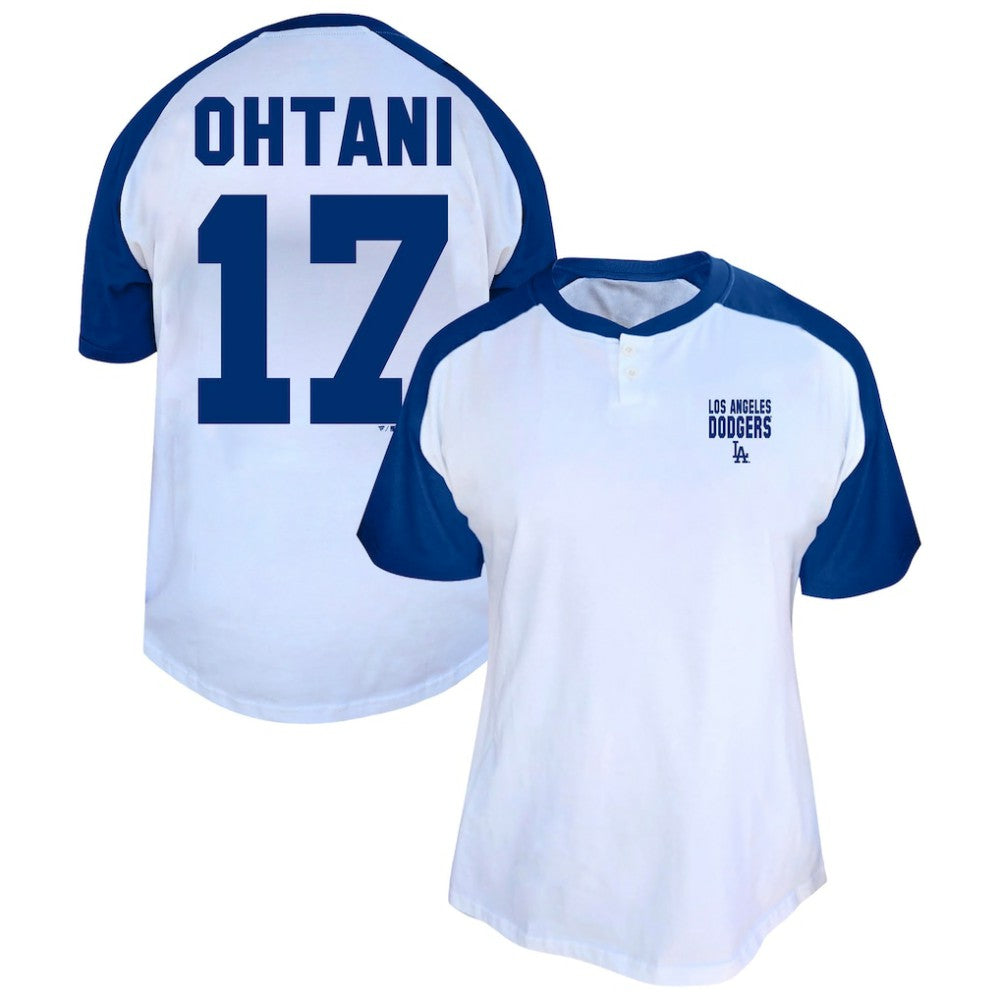 Shohei Ohtani Los Angeles Dodgers Profile Women's Plus Size Name & Number Raglan Henley T-Shirt - White T-shirts
