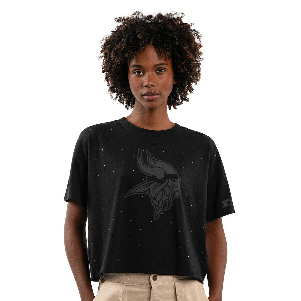 Minnesota Vikings Starter Women's Rhinestone Sprinkle Boxy Cropped T-Shirt Black