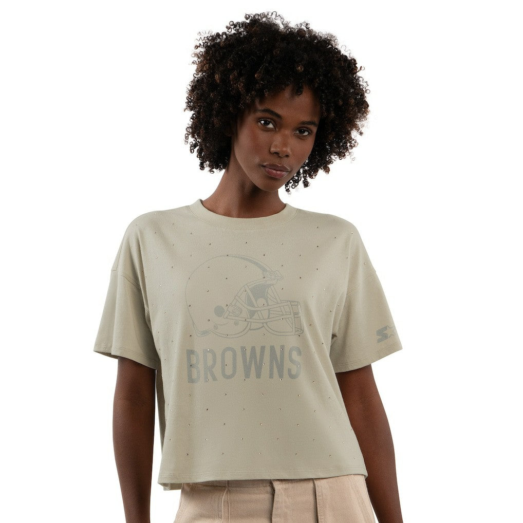 Cleveland Browns Starter Women's Rhinestone Sprinkle Boxy Cropped T-Shirt Khaki