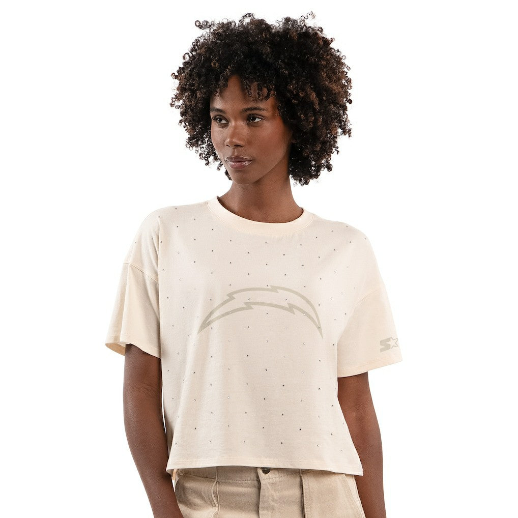 Los Angeles Chargers Starter Women's Rhinestone Sprinkle Boxy Cropped T-Shirt Cream