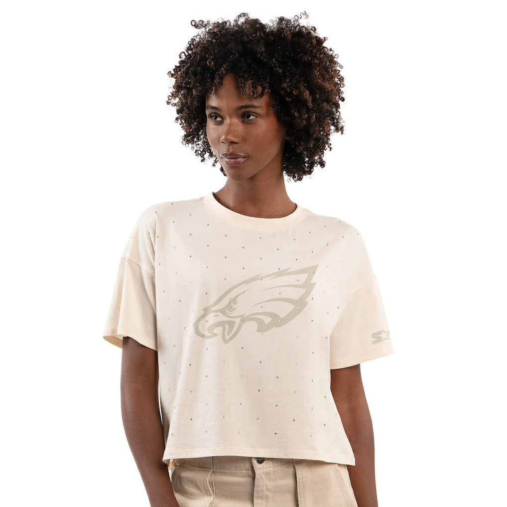 Philadelphia Eagles Starter Women's Rhinestone Sprinkle Boxy Cropped T-Shirt Cream