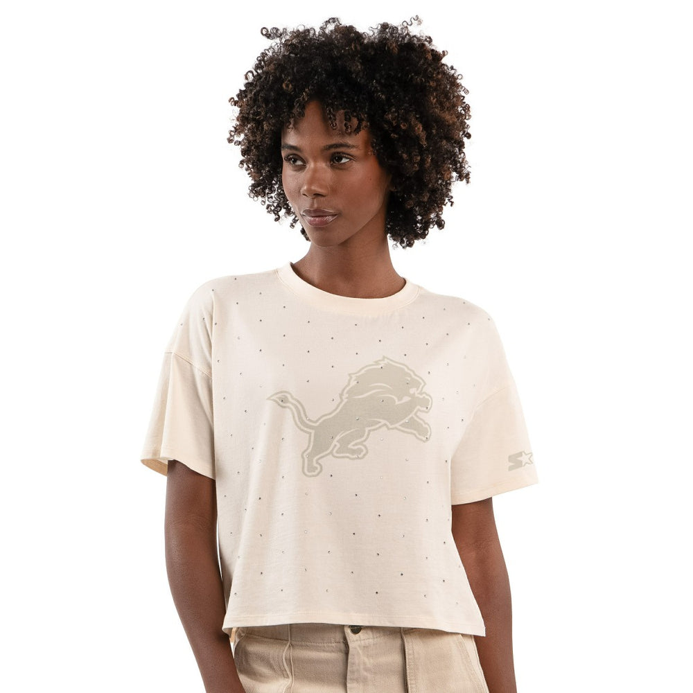 Detroit Lions Starter Women's Rhinestone Sprinkle Boxy Cropped T-Shirt Cream