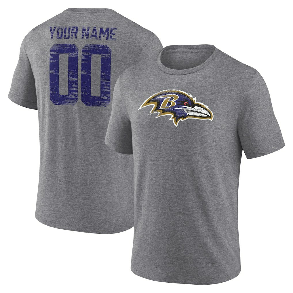 Baltimore Ravens Heritage Custom Name & Number Tri-Blend T-Shirt Gray