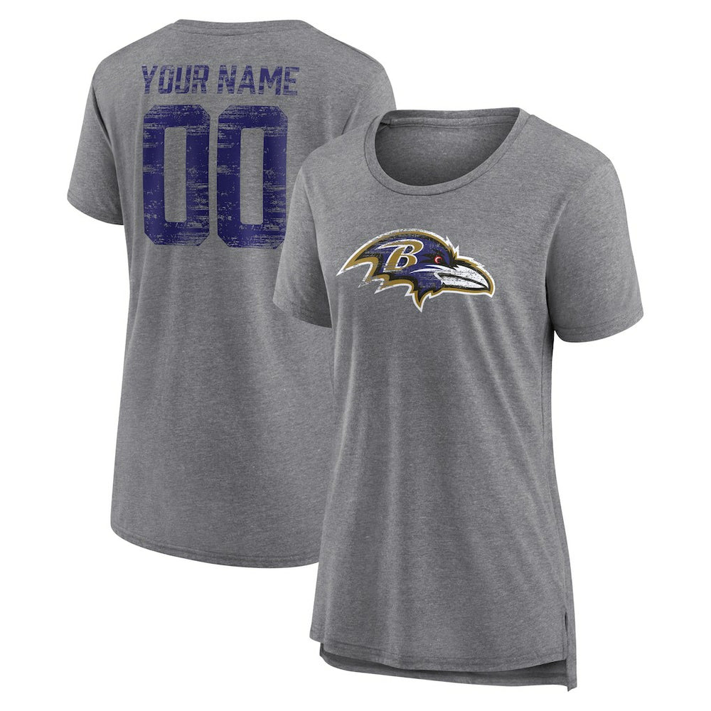 Baltimore Ravens Women's Heritage Custom Name & Number Tri-Blend T-Shirt Gray