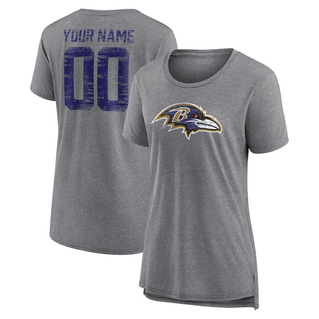 Baltimore Ravens Women's Heritage Custom Name & Number Tri-Blend T-Shirt Gray