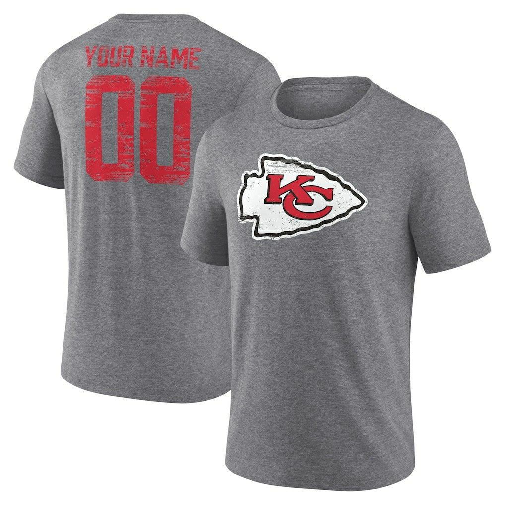 Kansas City Chiefs Heritage Custom Name & Number Tri-Blend T-Shirt Gray