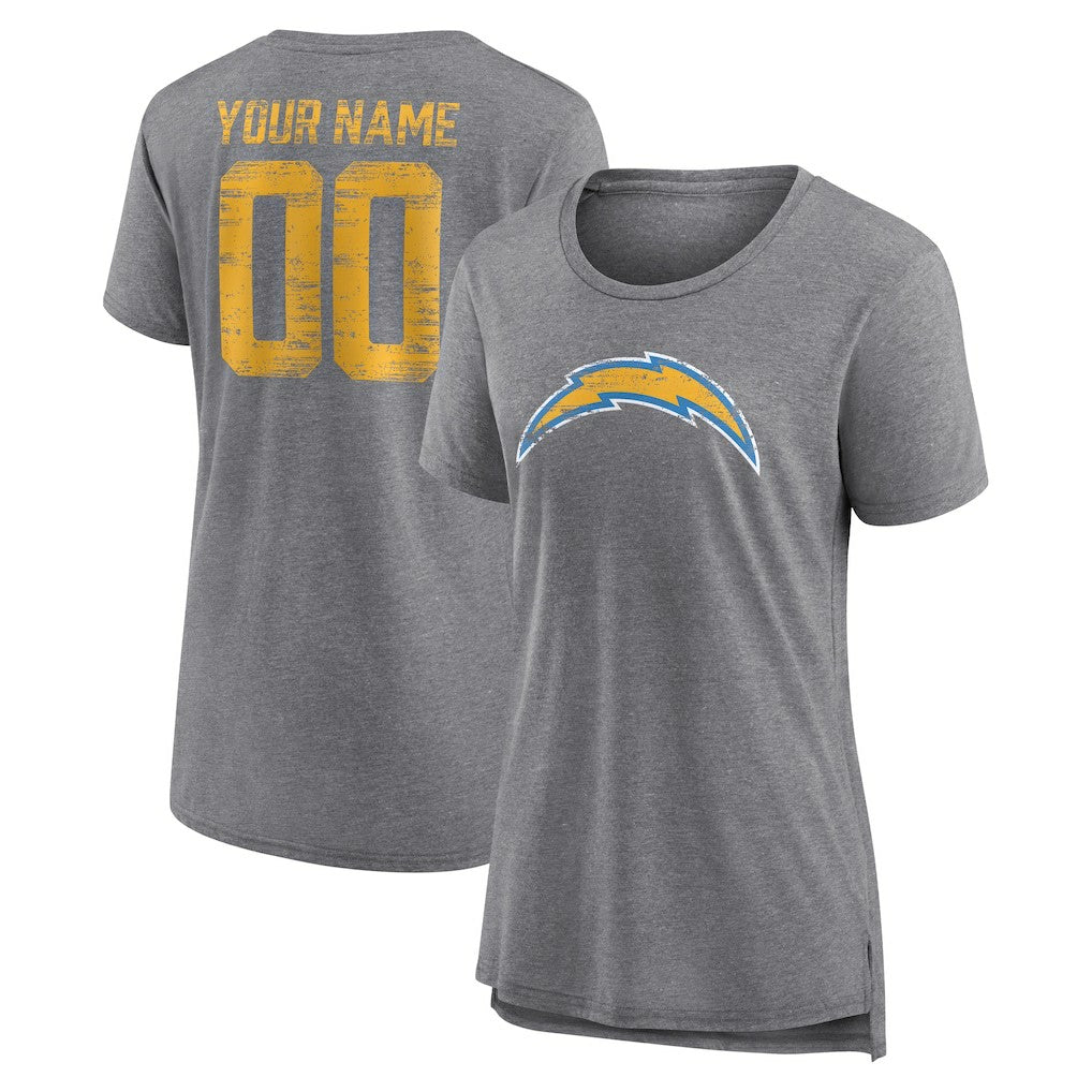 Los Angeles Chargers Women's Heritage Custom Name & Number Tri-Blend T-Shirt Gray