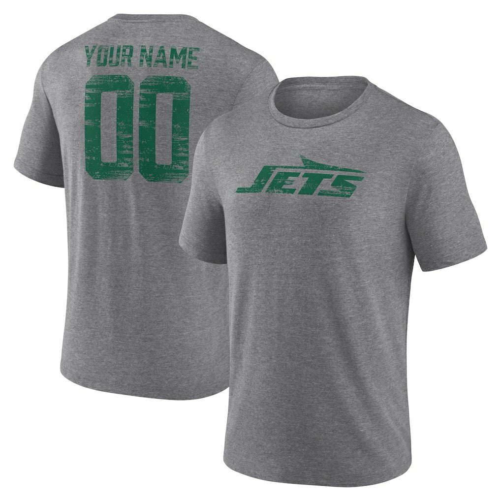 New York Jets Heritage Custom Name & Number Tri-Blend T-Shirt Gray