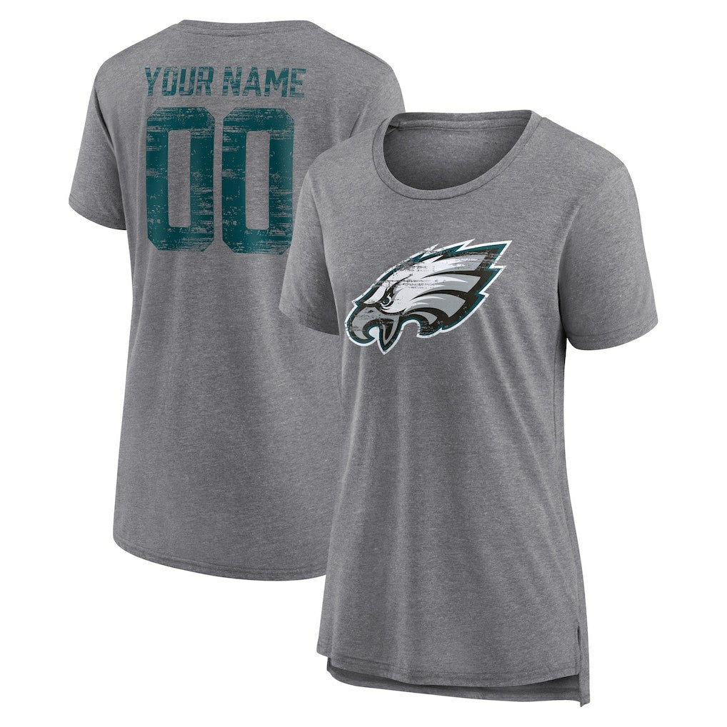 Philadelphia Eagles Women's Heritage Custom Name & Number Tri-Blend T-Shirt Gray