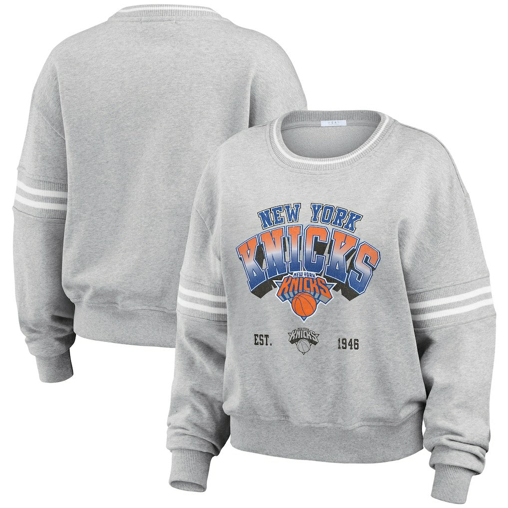 New York Knicks WEAR by Erin Andrews Women's Sleeve Stripe Fleece Crewneck Sweatshirt Gray