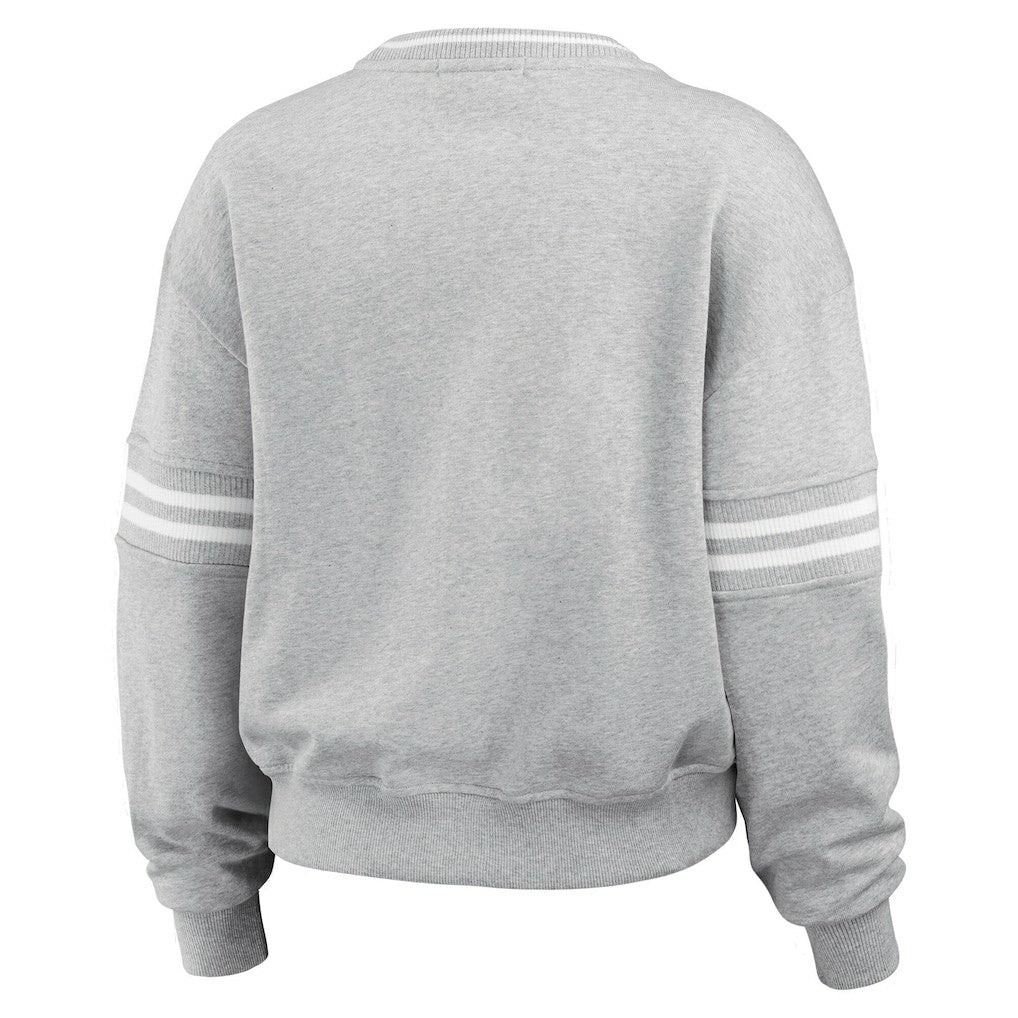 New York Knicks WEAR by Erin Andrews Women's Sleeve Stripe Fleece Crewneck Sweatshirt Gray