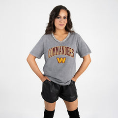 Washington Commanders Gameday Couture Women's Relaxed Iconic Edge Rhinestone V-Neck T-Shirt Gray