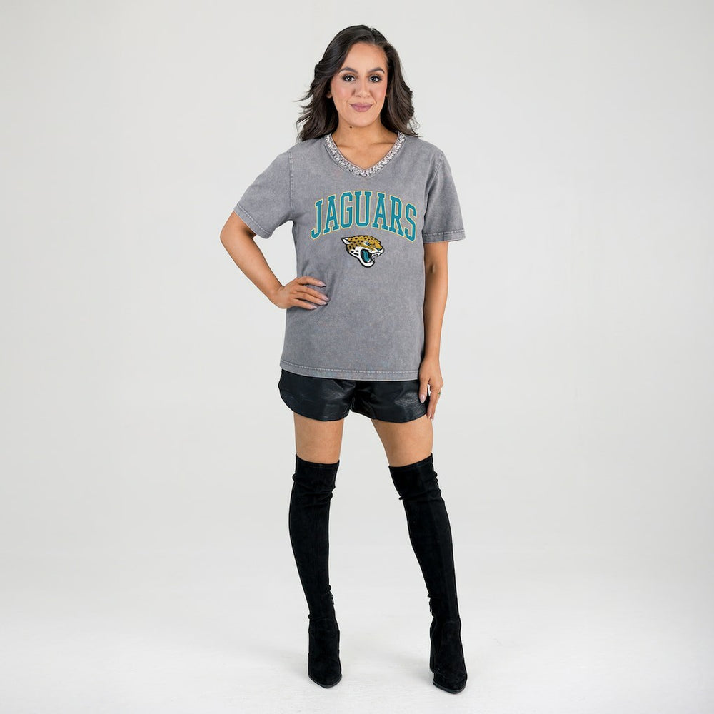 Jacksonville Jaguars Gameday Couture Women's Relaxed Iconic Edge Rhinestone V-Neck T-Shirt Gray