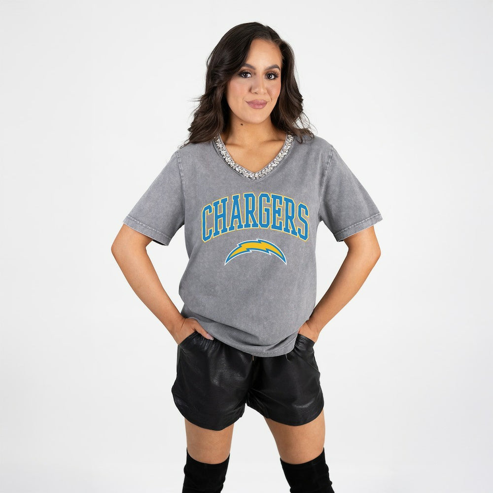 Los Angeles Chargers Gameday Couture Women's Relaxed Iconic Edge Rhinestone V-Neck T-Shirt Gray