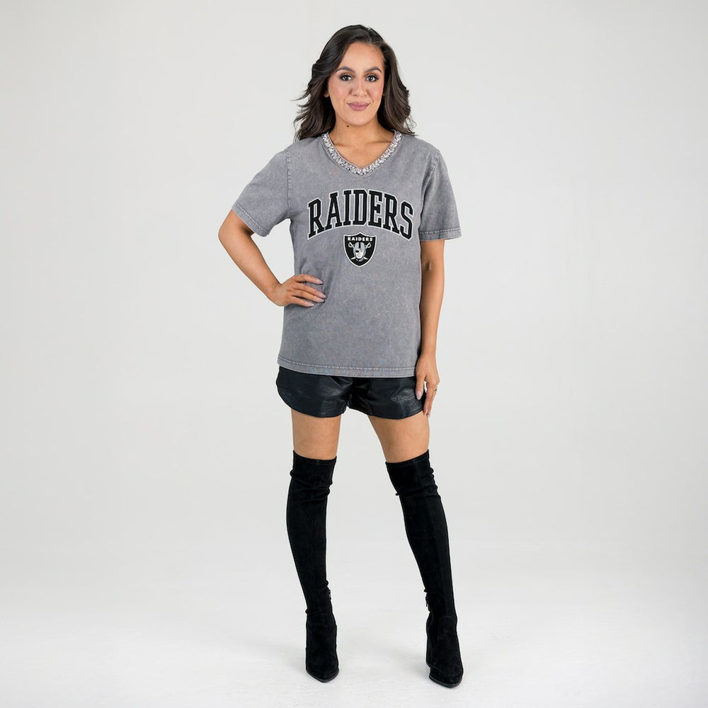Las Vegas Raiders Gameday Couture Women's Relaxed Iconic Edge Rhinestone V-Neck T-Shirt Gray