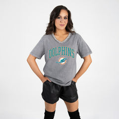 Miami Dolphins Gameday Couture Women's Relaxed Iconic Edge Rhinestone V-Neck T-Shirt Gray
