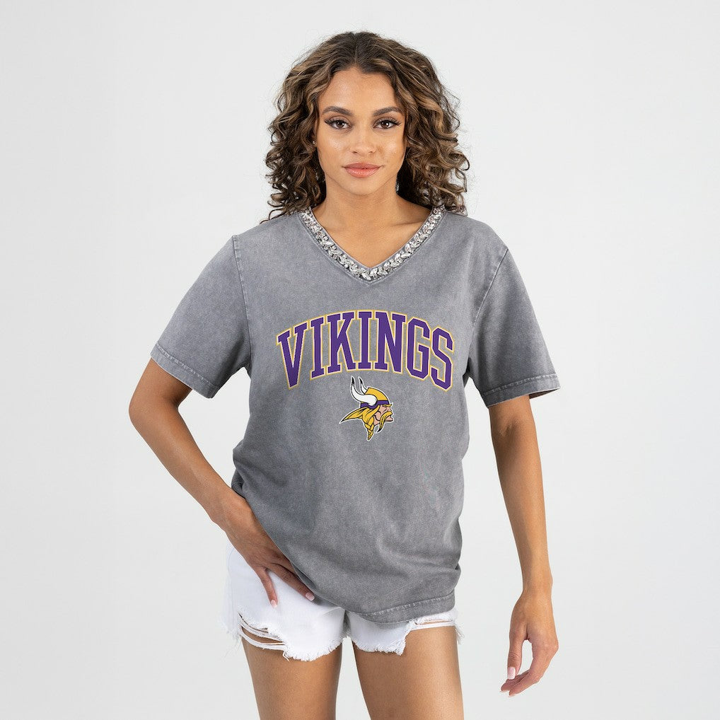 Minnesota Vikings Gameday Couture Women's Relaxed Iconic Edge Rhinestone V-Neck T-Shirt Gray