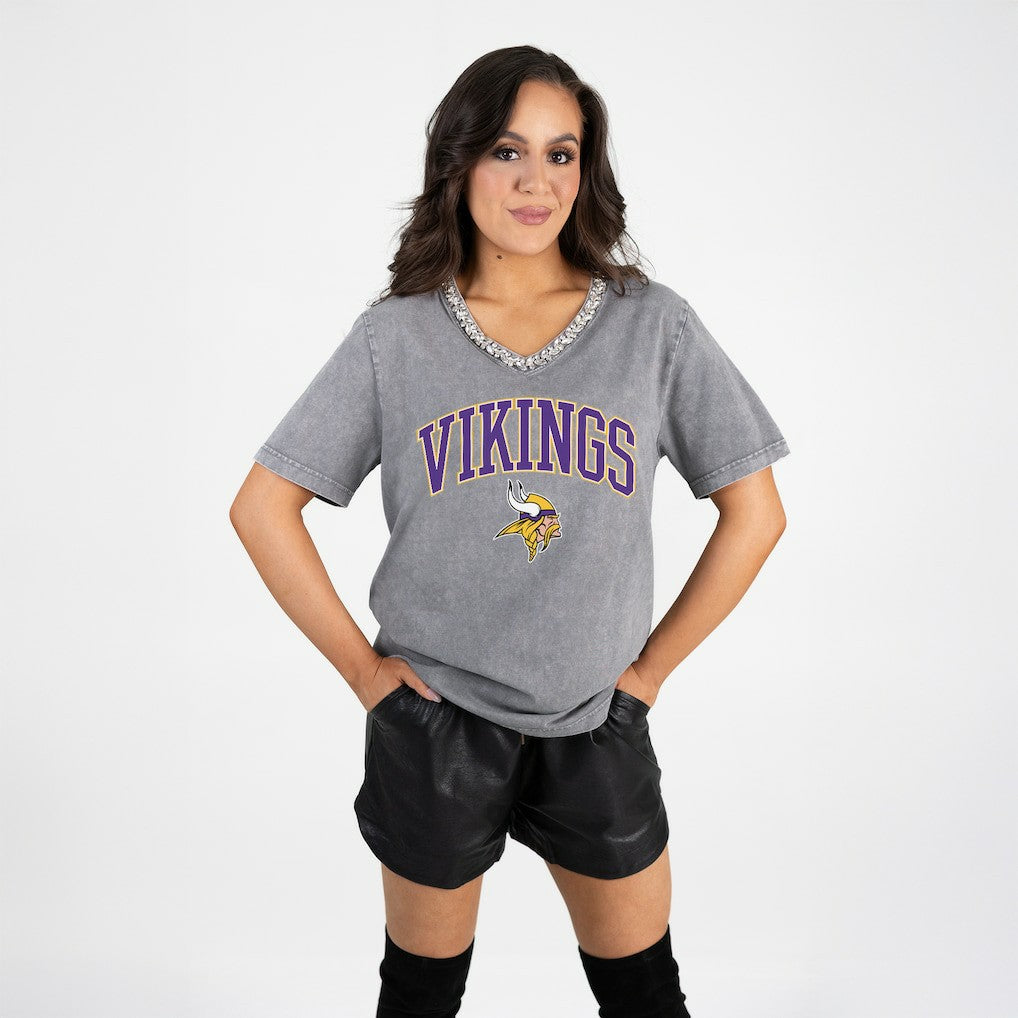 Minnesota Vikings Gameday Couture Women's Relaxed Iconic Edge Rhinestone V-Neck T-Shirt Gray