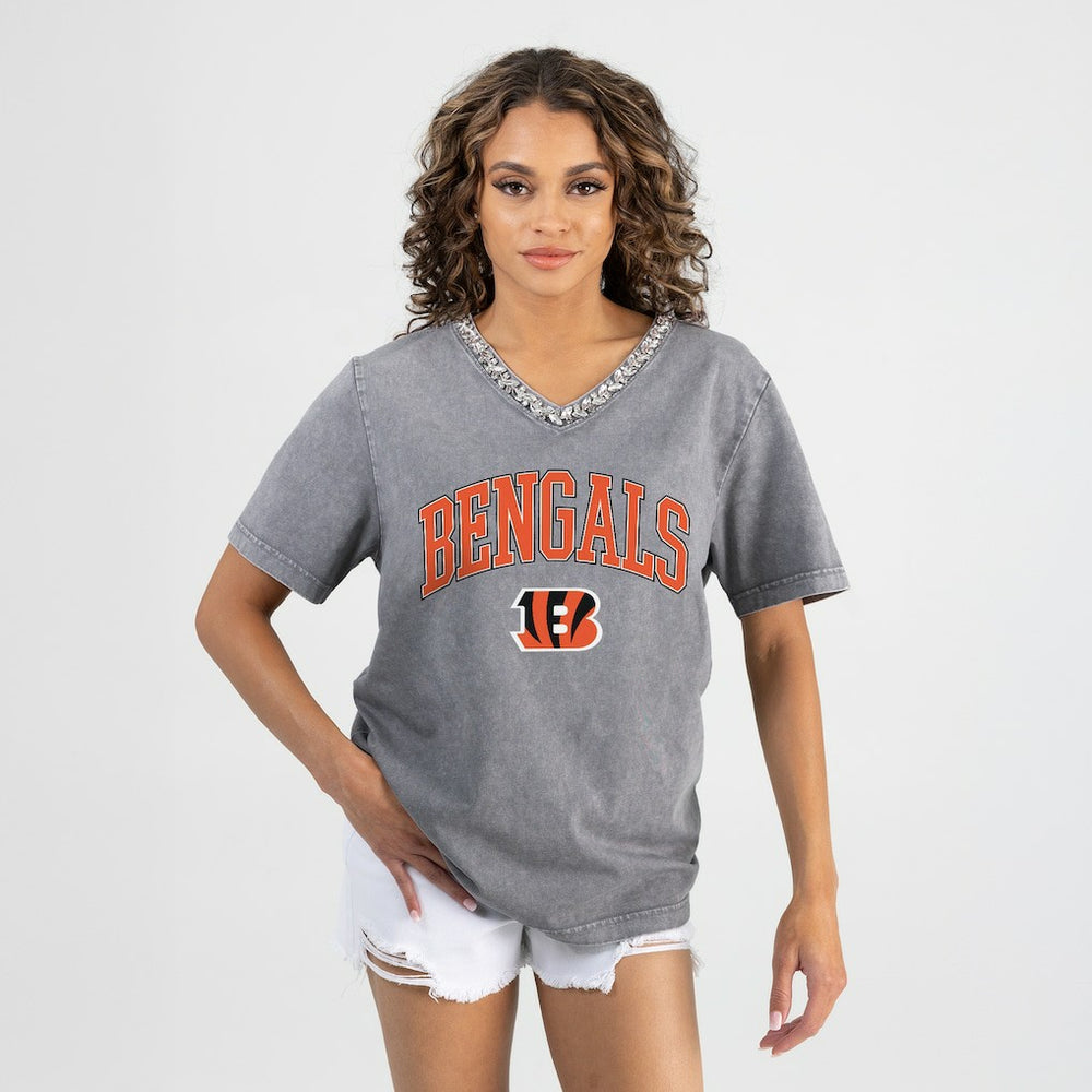 Cincinnati Bengals Gameday Couture Women's Relaxed Iconic Edge Rhinestone V-Neck T-Shirt Gray