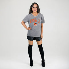 Cincinnati Bengals Gameday Couture Women's Relaxed Iconic Edge Rhinestone V-Neck T-Shirt Gray