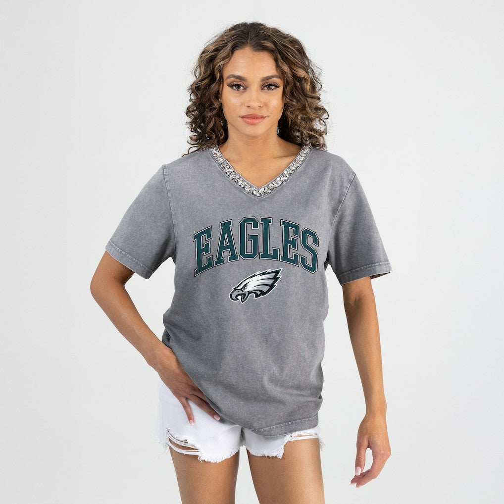 Philadelphia Eagles Gameday Couture Women's Relaxed Iconic Edge Rhinestone V-Neck T-Shirt Gray