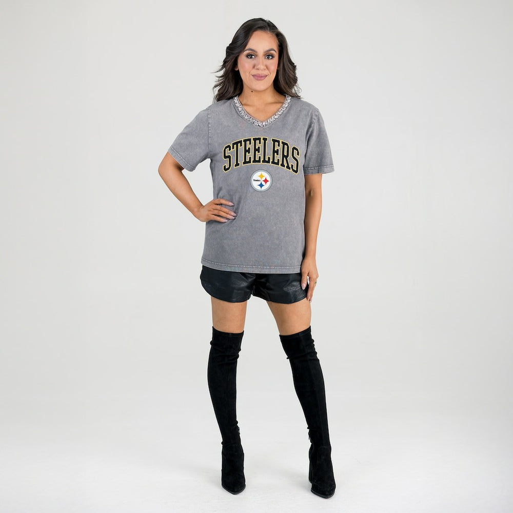 Pittsburgh Steelers Gameday Couture Women's Relaxed Iconic Edge Rhinestone V-Neck T-Shirt Gray