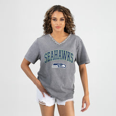 Seattle Seahawks Gameday Couture Women's Relaxed Iconic Edge Rhinestone V-Neck T-Shirt Gray