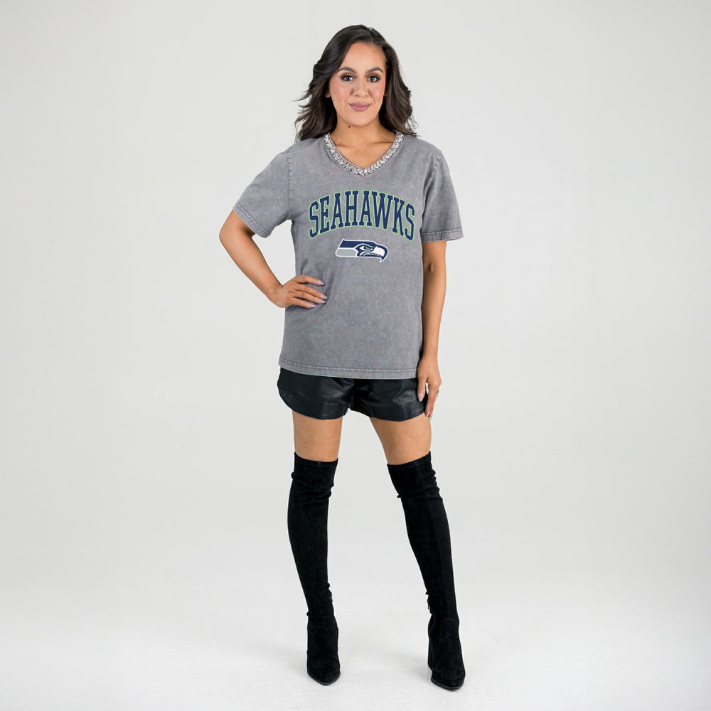 Seattle Seahawks Gameday Couture Women's Relaxed Iconic Edge Rhinestone V-Neck T-Shirt Gray