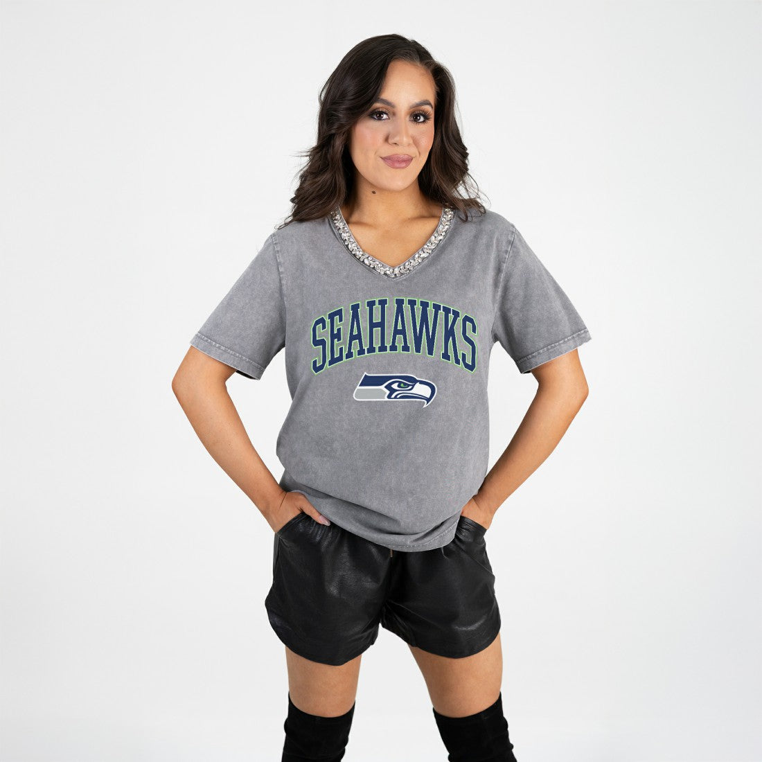 Seattle Seahawks Gameday Couture Women's Relaxed Iconic Edge Rhinestone V-Neck T-Shirt Gray