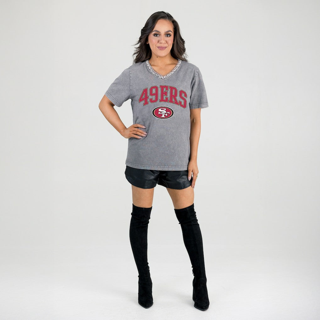 San Francisco 49ers Gameday Couture Women's Relaxed Iconic Edge Rhinestone V-Neck T-Shirt Gray