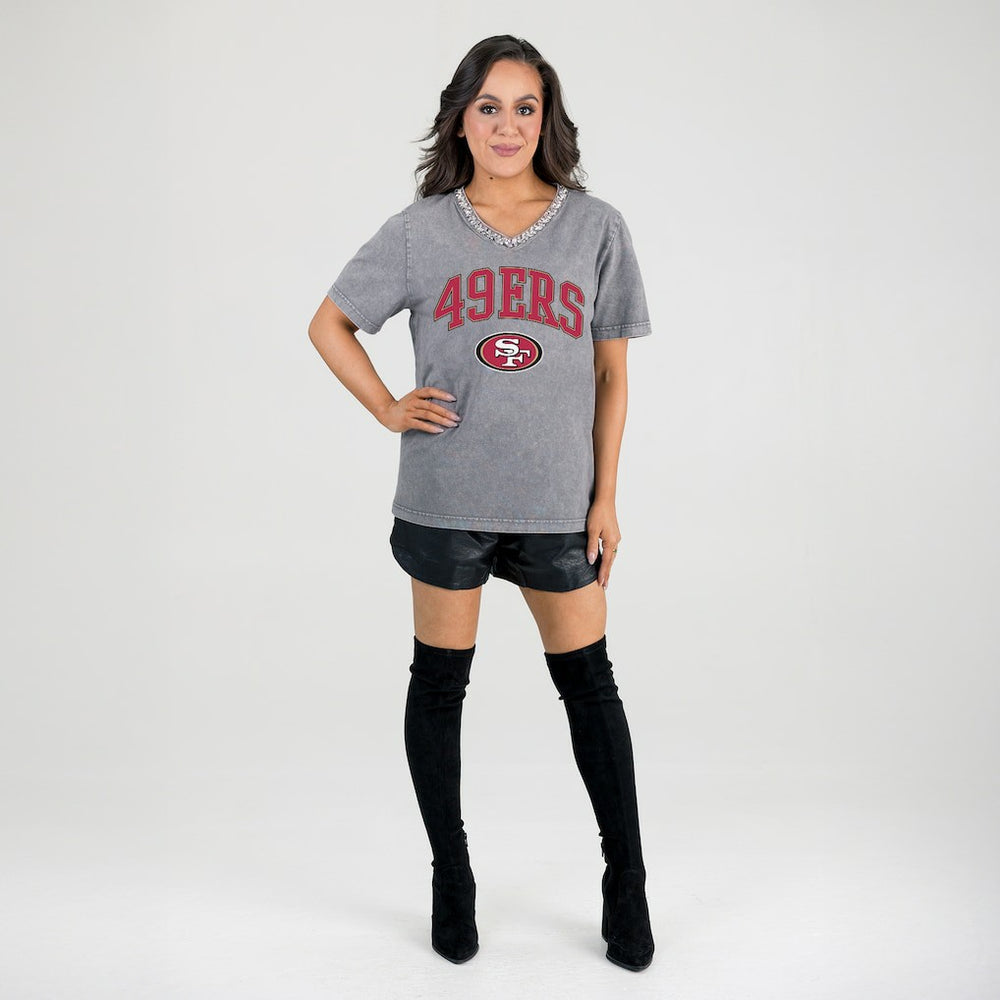 San Francisco 49ers Gameday Couture Women's Relaxed Iconic Edge Rhinestone V-Neck T-Shirt Gray