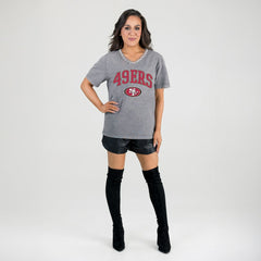 San Francisco 49ers Gameday Couture Women's Relaxed Iconic Edge Rhinestone V-Neck T-Shirt Gray